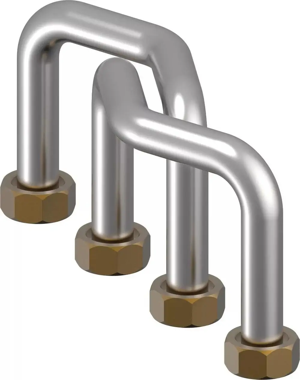 Drei gebogene Metallrohre mit sechs Anschlussmuttern, hergestellt von Uponor, geeignet für Installations- und Verbindungstechniken in verschiedenen Anwendungen.